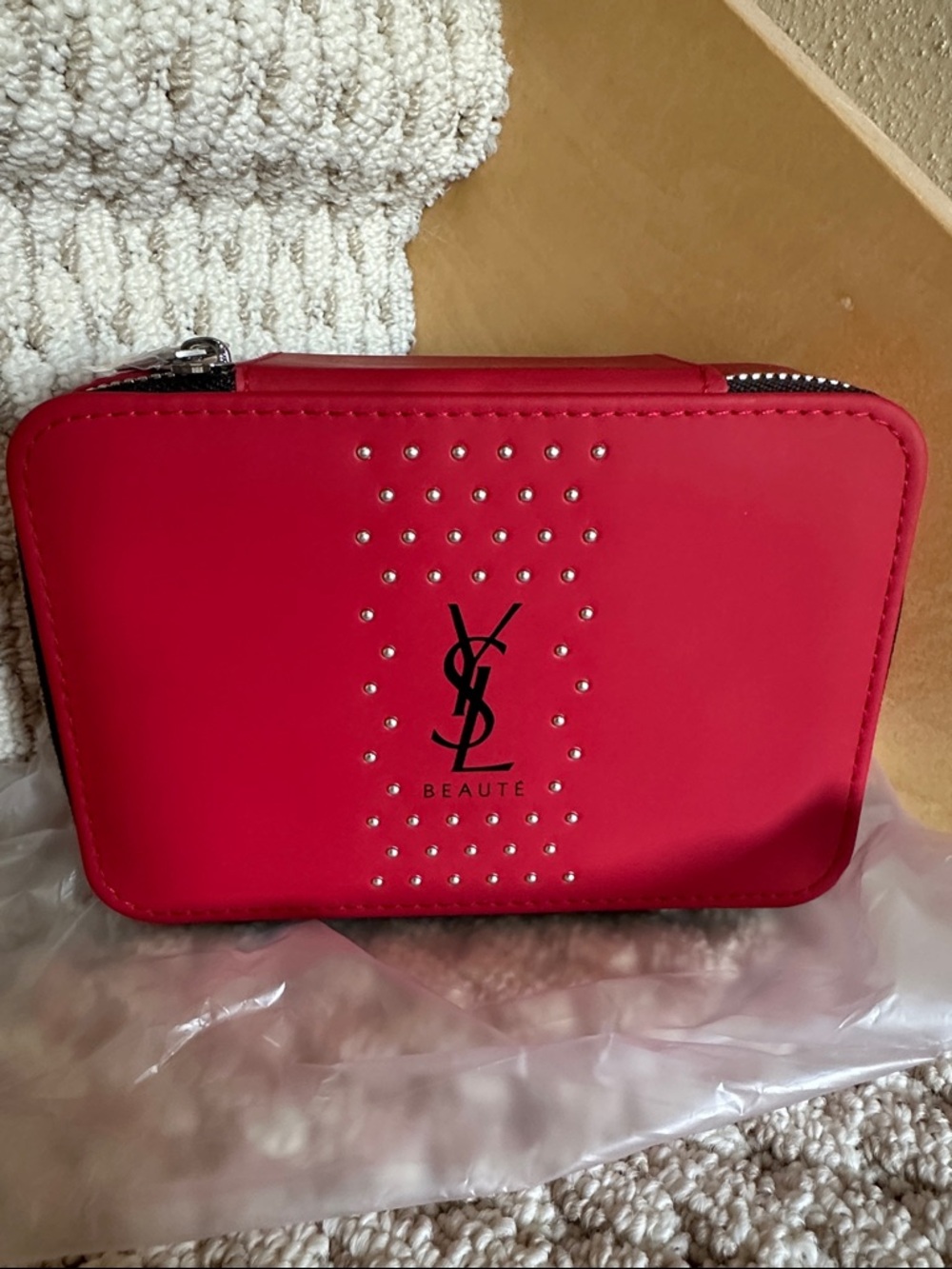 Yves Saint Laurent Red Studded Zip Cosmetic Pouch